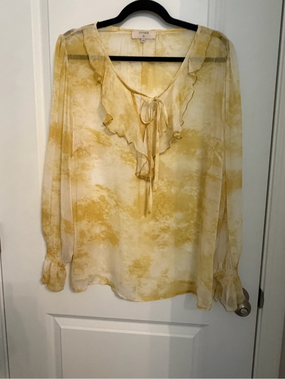 Cream & Yellow Ruffled Tie-Neck Blouse - Women Tops
